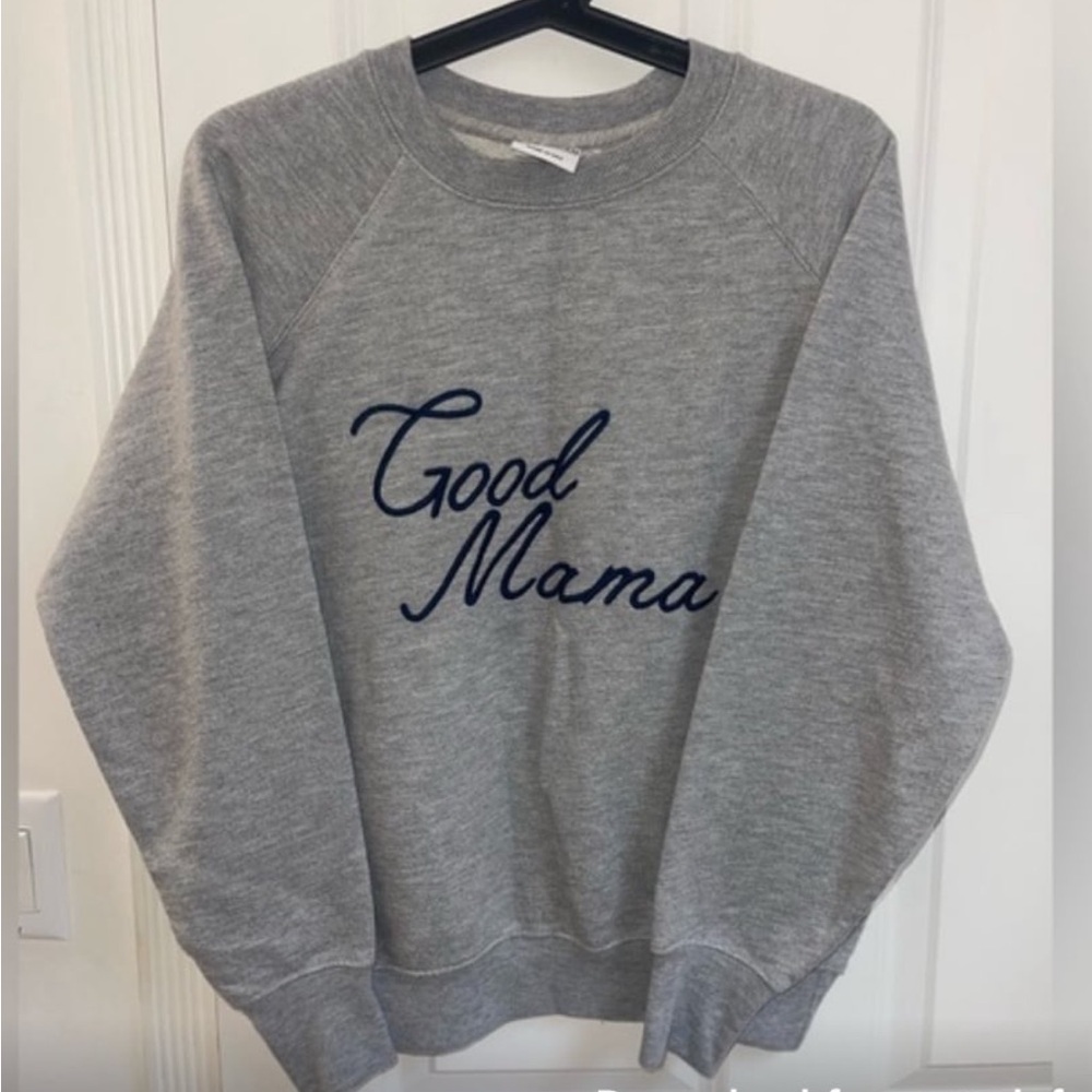 Good American Good Mama Preppy Crewneck Sweatshirt 3/L Heather Grey Navy Graphic
